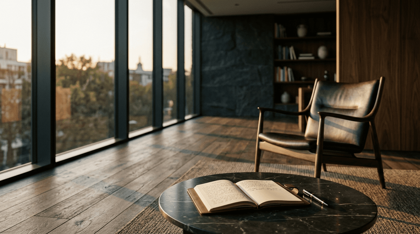 Intérieur architectural épuré, lumière naturelle — traité en bichromie or/encre