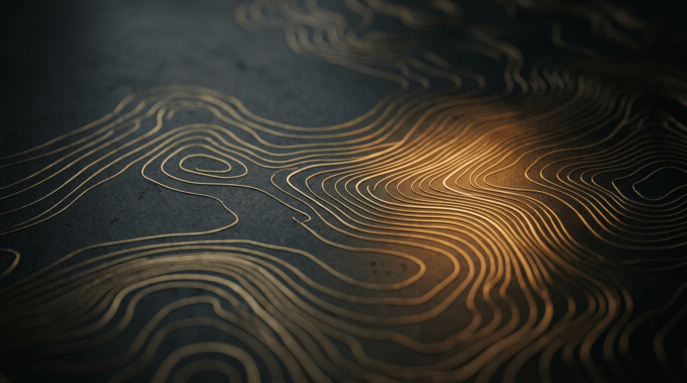 Lignes topographiques dorées sur fond d'encre — image éditoriale traitée en bichromie